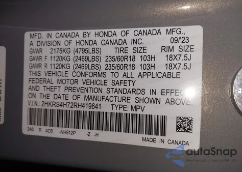 2024 Honda Cr-V Ex-L Awd из США, поврежденный, VIN 2HKRS4H72RH419641